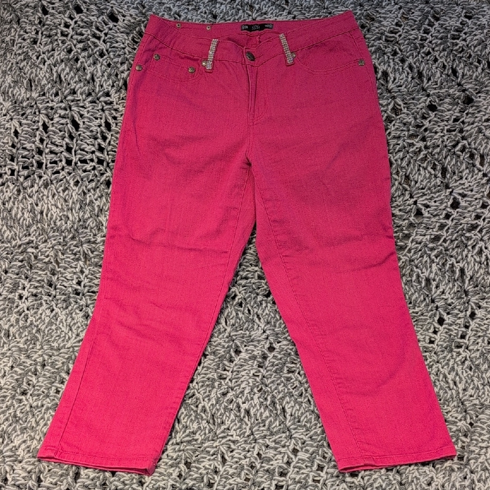 307 - Womens Pink Gemstone Embellished Jeans Straight Leg Denim Pants